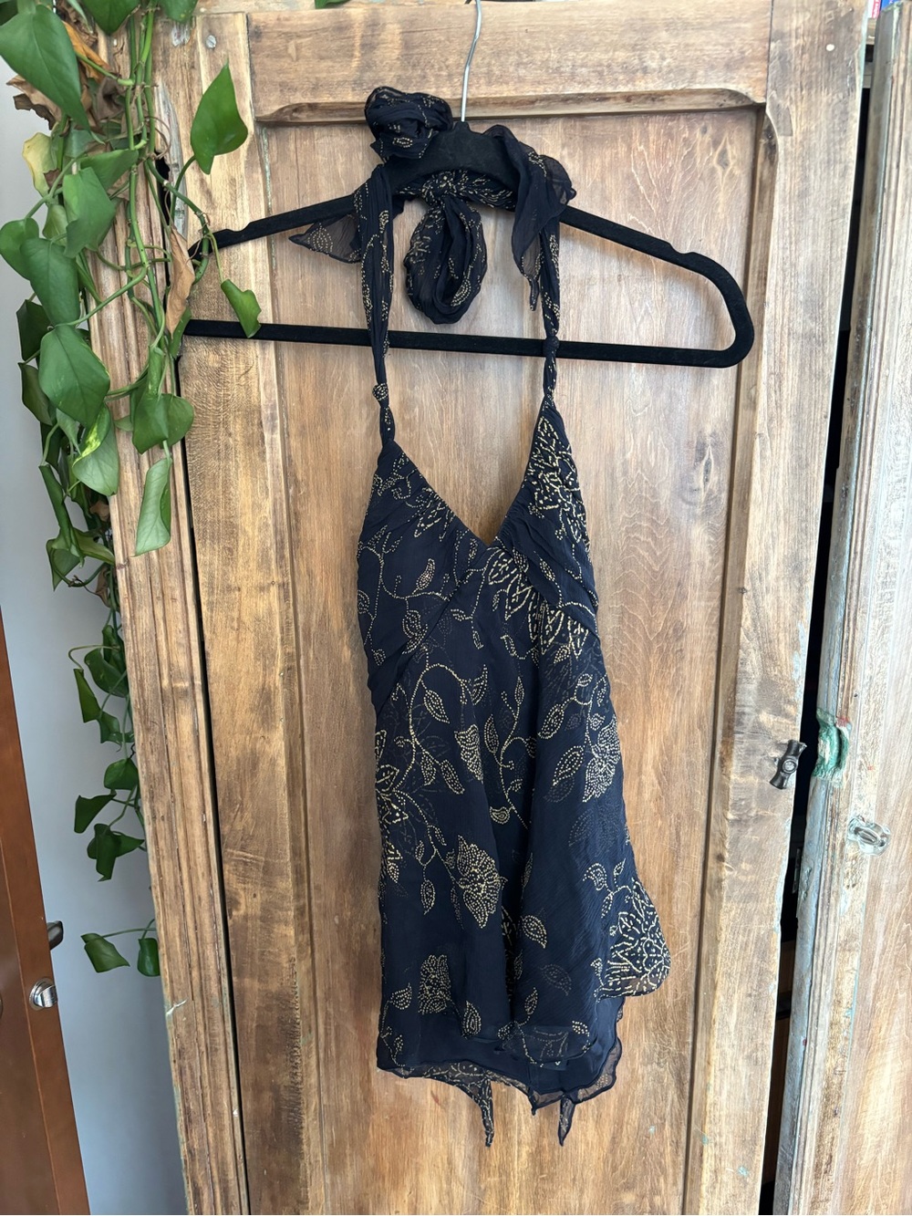 BCBGMaxAzria Black and Gold Halter Top with Gold Leaf Print